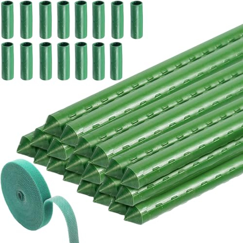 20x Pflanzstäbe Rankhilfe, Kunststoff Beschichtetes Stahlrohr Rostfrei Pflanzenstab, Pflanzstab mit 15 Verbinder und 1 Pflanzenbinder für Unterstützung von Gemüse und Blumen, Länge 40cm Pflanzstange