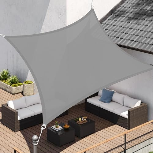 SONGMICS Sonnensegel 3 x 4 m, Sonnenschutz aus HDPE-Gewebe, luftdurchlässig, wasserdurchlässig, für Terrasse, Garten, Balkon, Camping, rechteckig, konkav, 2 m Seile, hellgrau GSS34QY