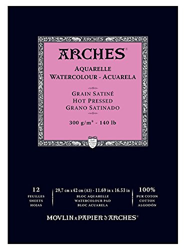 Arches 1795099 Aquarellpapier im Block, 16 Blatt, A3 42 x 29,7 cm Kopfgeleimt 300 g/m², Satiniert, naturweiß