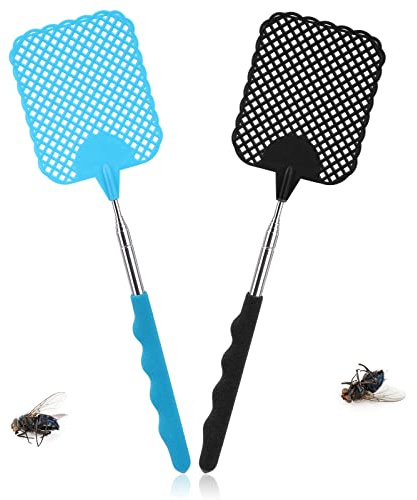 TAKUZA Fliegenklatsche 2 Stück, Stabil und Ausziehbar, Schwarz/Blau | Mückenklatsche mit Teleskopstiel und integriertem Schaber für Fliegen, Mücken, Wespen und andere Insekten