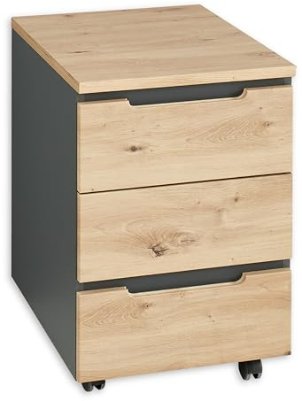 Memphis Rollcontainer Schreibtisch in Artisan Eiche Optik, Graphit - Mobiler Büroschrank mit Schubladen - 45 x 66 x 55 cm (B/H/T)