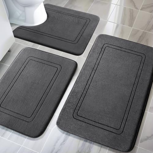 chakme Badezimmerteppich Set 3 Teilig, Weiche Memory-Schaum Badematte und U Förmige wc Vorleger, Badteppich rutschfest Waschbar Badvorleger Set Dunkelgrau