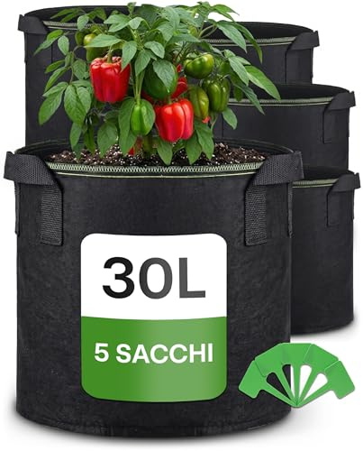 Praknu Pflanzsack 30l - 5 STK aus Vliesstoff mit 5 Pflanzenschilder zum Beschriften - mit Griff - Für Gemüse, Pflanzen & Blumen - Stofftöpfe - Grow Töpfe - Stoff Topf - Pflanzbeutel - Blumentopf Stoff