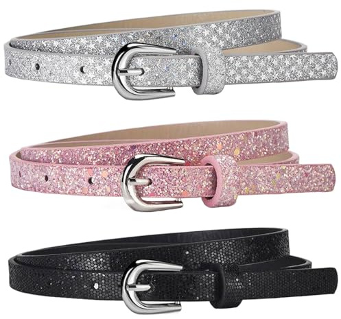 Pluvyze 3 Pcs KindergüRtel Mädchen Gürtel Kinder Mädchen Kinder Gürtel Verstellbar Und Geeignet Zum Kombinieren Mit Jeans, Röcken Und Kleidung Als Geschenk (Schwarz+Pink+Silber)