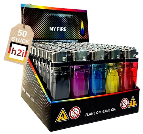 h2i Feuerzeug mit Reibrad | 50 Stück |transparentes Einwegfeuerzeug in 5 Farben | Ergonomisches Design & stufenlose regulierbare Flamme | Zuverlässige Zündung im Alltag