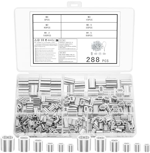 Tenbrachian 288 Aluminium Drahtseilklemmen 1,2mm 1,5mm 2mm 2,5mm 3mm 4mm Würgeklemmen Aluminiumhülsen, Pressklemmen, Quetschhülsen, Doppelhülsen Klemmhülsen, Metallhülsen Crimpschlaufe für Stahlseil