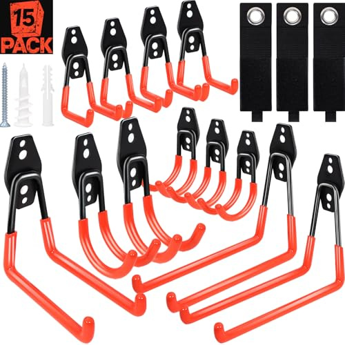 SBGGRL15 Stück Garagenwandhaken, Schwere Doppelwandhaken, Werkzeughalter zum Aufhängen von Gartengeräten, Garagenaufbewahrung, Leitern, Fahrrädern, Werkstatt, Orange