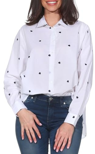 Sublevel Damen Langarm Bluse Loose Fit LSL-507 bestickte Hemdbluse mit Herzen