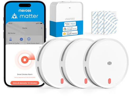 Meross Matter Rauchmelder vernetzt, Smart Feuermelder WLAN mit Dual-Lichtsensor, Brandmelder mit APP Warnmeldung, Kompatibel mit Home Assistant, HomeKit, Alexa, Google, 33 mm, mit MSH450 Hub, 3 Stück