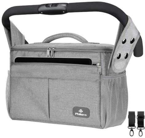 PHILORN Kinderwagen Organizer mit Isolierte Getränkehalter, Schultergurt Große Kapazität, Universal Baby Kinderwagen Tasche, Grau