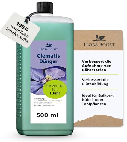 Konfitee Clematis Dünger Flora Boost 500ml I Für bis zu 100L Gießwasser I Blumendünger für Topf- & Kübelpflanzen I Flüssiger Blatt- & Wurzeldünger I 100% natürlicher Pflanzendünger