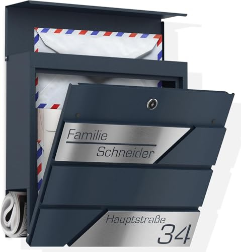 Graviers Design Briefkasten mit Zeitungsfach in Anthrazit RAL 7016 - Postkasten personalisiert Edelstahl Namensschild Hausnummer Straßennamen - Wandbriefkasten Briefbox mit Schloss Zeitungsrolle