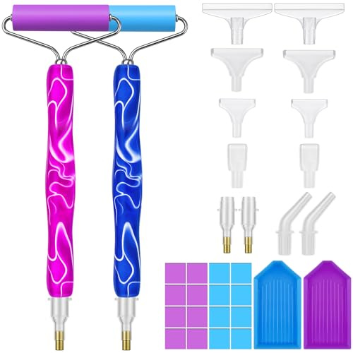 Furuising 2 Stück Diamond Painting Stift mit Rollen, Diamond Painting Zubehör Stift Set mit 2 Malerei Trays, 12 Stifte Spitzen, 20 Diamant Farbe Wachs für Erwachsene Kinder, DIY Diamantmalerei