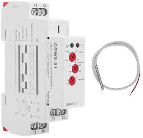 BuyWeek Temperaturregelrelais, AC/DC 24 V-240 V Temperaturregler Relais 35mm Schieneninstallation Thermostat Relais mit Sonde, LED Anzeige Hoher/Niedriger Temperaturüberwachung (GRW8-01)