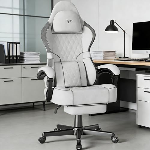 Soontrans Gaming Stuhl mit Massage Lendenwirbelstütze, Gepolstert Gaming Chair, Gaming Stuhl Ergonomisch mit Fußstütze, Baumwolle, 90-160° Rückenlehne verstellbar Gaming Sessel(Weiß)