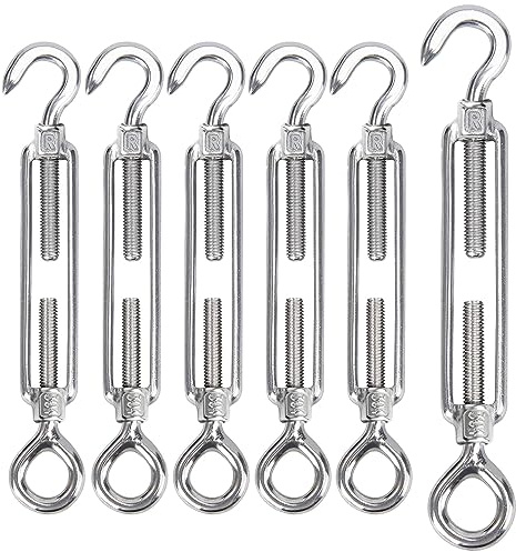 GothicBride 6 Stück M6 Spannschloss Seilspanner Edelstahl, Spannschloss mit Haken und Öse Verstellbare Haken Und Öse Drahtspanner, Spannhaken für Sonnensegel Spanner Seilsystem Gartendraht Zaunspanner