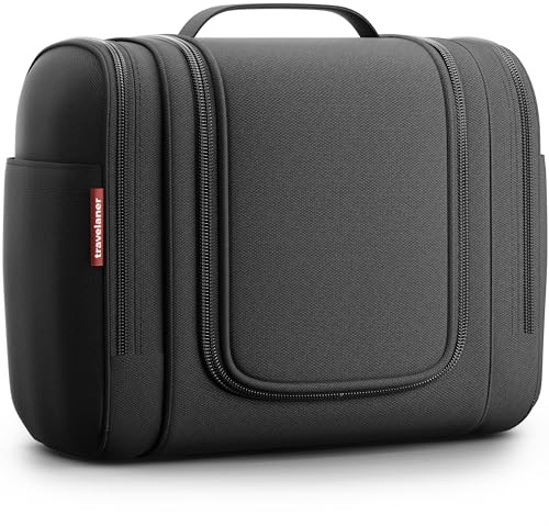 Travelaner® Kulturbeutel Design 2026, 3-in-1 Kulturtasche zum Aufhängen mit 7 Liter Stauraum für Damen und Herren, Kosmetiktasche für Reise, Große Waschtasche, Waschbeutel, Schwarz Matt