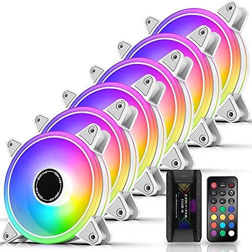 EZDIY-FAB Weiß Moonlight RGB Gehäuselüfter 120mm mit Lüfter Hub X und Fernbedienung,5V 3Pin RGB Motherboard Sync,ARGB Lüfter für PC Gehäuse -6 Pack