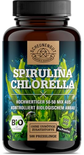 Spirulina Chlorella Tabletten - Bio Spirulina + Chlorella - DE SCHEUNENGUT® | Intensiv-Dosis Spirulina und Chlorella Bio Presslinge aus Australien -Biozertifiziert- Vegan + Laborgeprüft-500 Stück
