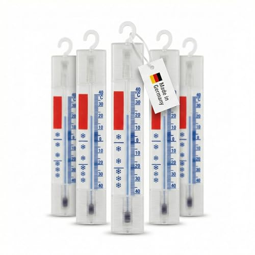 Lantelme 5 Stück Kühlschrankthermometer Set Temperatur + - 40°C Analog | Thermometer mit Haken zum Aufhängen | Für Gefrierschrank Kühltheke und Gefriertruhe | Deutsche Herstellung