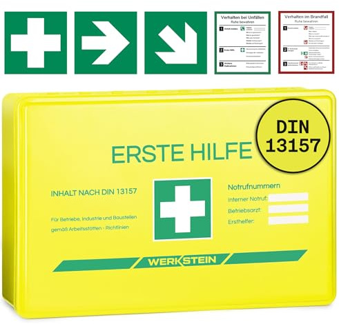 WERKSTEIN® Erste Hilfe Verbandskasten Gelb inkl. Wandhalterung [DIN 13157:2021] - Erste Hilfe Kasten für Betriebe, Zuhause & Einrichtungen - Erste Hilfe Koffer - First Aid Emergency Bag