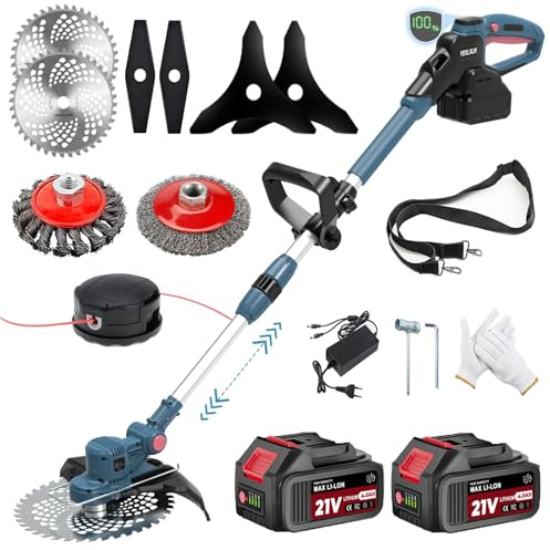YEXLXLN Rasentrimmer mit Akku, Akku Rasentrimmer für Makita-Akkus mit 5 Klingentypen, 21V Rasentrimmer mit Unkrautbürste, mit 2X4.0Ah Akku Freischneider, Tap&Go M10 x 1,25, für Garden Trimmen