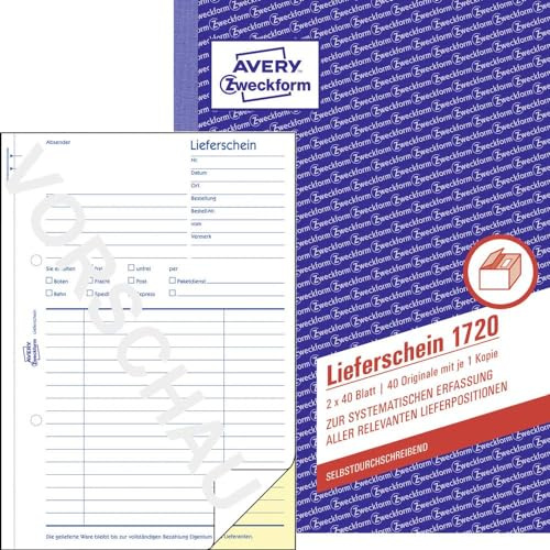 AVERY Zweckform 1720 Lieferschein (A5, selbstdurchschreibend, 2x40 Blatt) weiß/gelb