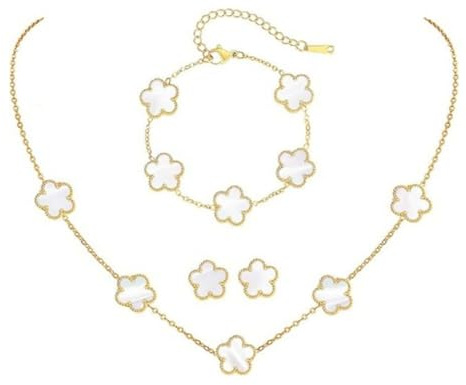 XFSRG 4 Pcs Vierblättriges Kleeblatt Schmuckset Vergoldet Halskette Ohrringe Armband Set Hypoallergenes Zierliche Fünfblättrigem Glücksklee Schmuck Geschenke