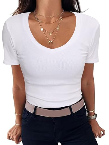 Aottori T-Shirt Damen V-Ausschnitt Gerippt Basic Top Kurzarm Sommer | Rippshirt, Oberteile, Slim Fit, Stretch, Eng, Elegant, Casual, Einfarbig, für Alltag Freizeit Büro