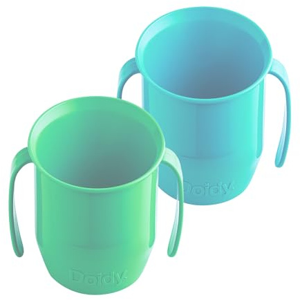 Doidy Trinkbecher für Kleinkinder und Babys, einzigartiges schräges Design, zwei Griffe, toller Entwöhnungsbecher für Milch, Wasser, 3–6 Monate für Kleinkinder, Grün und Türkis, Doppelpack