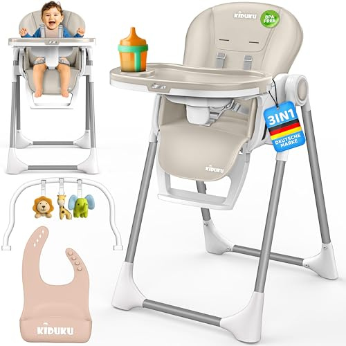KIDUKU® Hochstuhl Baby 3in1 mit Neugeborenenaufsatz + Lätzchen, Aktivitätsbogen & Tisch | Kinderhochstuhl klappbar mit Liegefunktion | Kombihochstuhl höhenverstellbar | mitwachsend 0-36 Monate