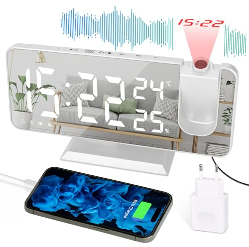 EVILTO Projektionswecker 180° Decke – Digitaluhr elektrisch Snooze-Funktion 12/24 Stunden Lautstärke verstellbar Modern Luxus für Haus mit EU-Stecker Weiß