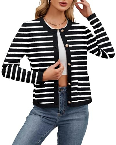 Neineiwu Strickjacke für Damen Eleganter Rundhalsausschnitt Langarm Cardigan mit Knöpfen und Goldene Metallknöpfe Taschen