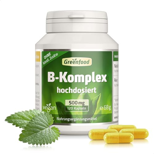 Vitamin B Komplex, hochdosiert, 500mg - 120 Kapseln, vegan. Alle B Vitamine (B1, B2, B3, B5, B6, B7, B9, B12) – mit hoher Bioverfügbarkeit. OHNE künstliche Zusätze - laborgeprüft. Von Greenfood.