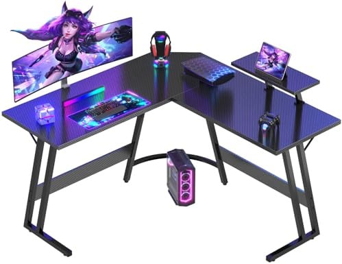 Devoko Gaming Tisch L Form mit Monitorständer, Eckschreibtisch für Gamer, Gaming Schreibtisch L Form, Groß Pc Computertisch, 120 x 120 cm, Kohlefaser Schwarz