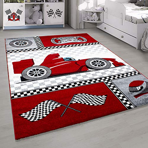 HomebyHome Kinderteppich Rot 80x150 cm Rennwagenmuster Läufer Jungen Kurzflor Extra Weich Antiallergen für Kinderzimmer und Babyzimmer