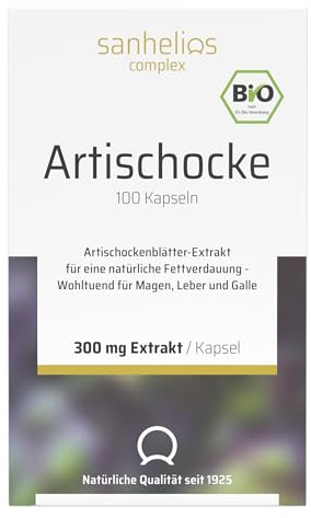 Sanhelios BIO Artischocke Kapseln | Hochdosiert aus ca. 20.000 mg BIO Artischocke | mind. 7,5 mg Cynarin | Für die natürliche Fettverdauung | vegan | 100 Kapseln