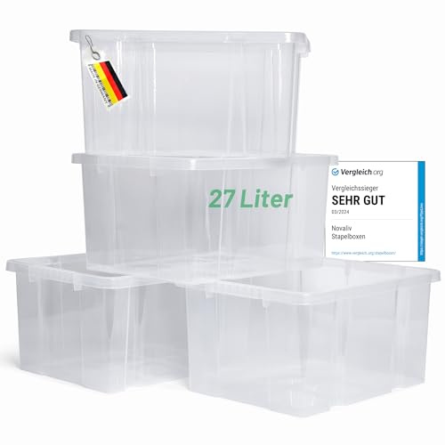Novaliv 4x Aufbewahrungsboxen ohne Deckel 27L transparente Nestbar Drehstapelbox Euroboxen Kunststoffboxen BPA-frei 44,5x35,5x23 cm für Kistenregal