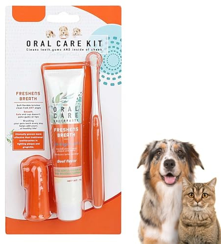 Hundezahnbürste mit Zahnpasta, Hundezahnpflegeset für Hunde & Katzen, Rindergeschmack, Zahnpasta und Fingerbürste & weiche Borstenzahnbürste, Hunde & Katzen Dental Kit gegen Mundgeruch