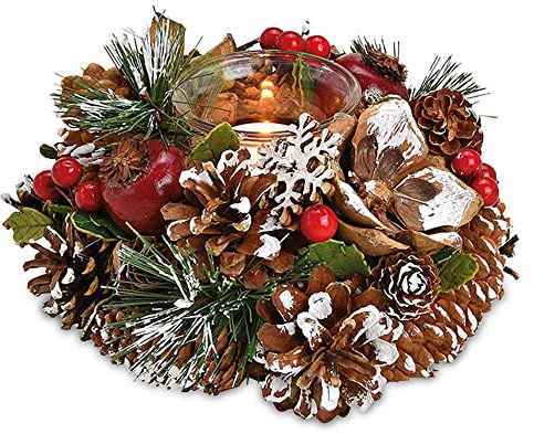 G. Wurm GmbH Windlicht Kranz. Deko-Kranz aus Holz und Kunststoff mit Windlicht aus Glas für Teelicht. Adventsgesteck Ø18 cm x Höhe 9 cm