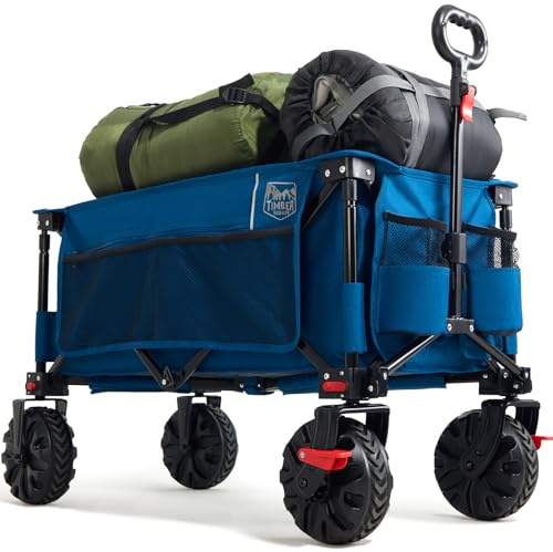 TIMBER RIDGE Bollerwagen Faltbar 200L Breite Reifen mit Bremsen Strandwagen | Klappbar mit Bremsen Seitentasche Getränkehalter Verstellbarer Griff Handwagen für Alle Gelände Camping Einkaufen 150kg