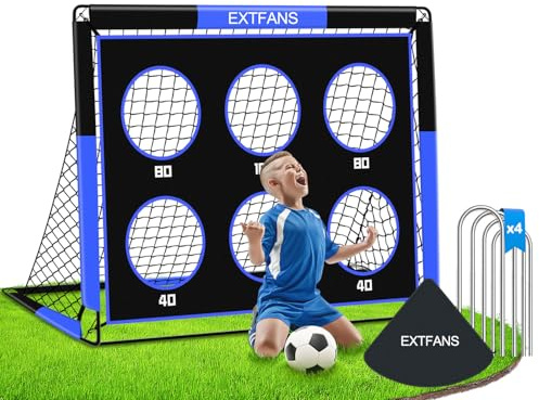 EXTFANS 2-in-1 Kinder Fußballtor – Faltbares Soccer Tor mit 5 Zielscheiben, Tragetasche & 4 Heringen, Stabiles Outdoor Tor für Garten, Strand & Park (Blue Black-150 * 120cm(5' X 4'))