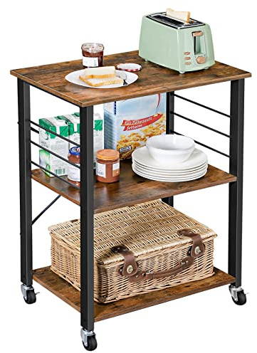 VASAGLE Küchenregal auf Rollen, Servierwagen, 3 Ebenen, Küchenwagen, für Mini-Backofen, Mikrowellen, Metallrahmen, 6 Haken, 40 x 60 x 89 cm, vintagebraun-tintenschwarz KKS60XV1