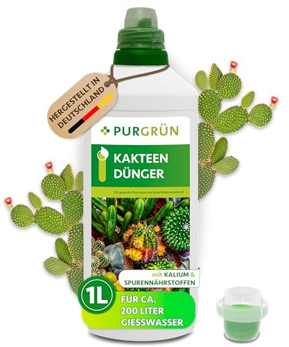 Purgrün® Kakteendünger 1 Liter – Spurennährstoffe für gleichmäßiges Wachstum – Extra Kalium fördert die Widerstandskraft – Ergiebiges Konzentrat für 200 Liter Gießwasser – Premium-Flüssigdünger