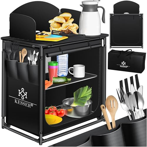 KESSER® Campingküche | Inkl. Tragetasche | Campingschrank Faltschrank | mit Aluminiumgestell | Reiseküche | Küchenbox | Zeltschrank | Outdoor Camping Küche | Schwarz/Schwarz | Typ F2