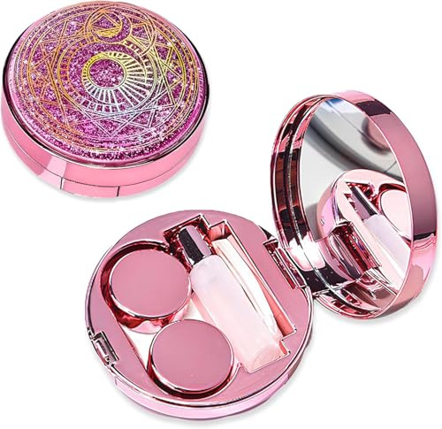 Venus® Kontaktlinsenbehälter Galaxie Funkeln - Contact Lenses Case mit Kontaktlinsen Zubehör - Spiegel, Flasche, Pinzette & Einsetzhilfe - Linsenbehälter Weiche Linsen & Harte Linsen - Magic Pink