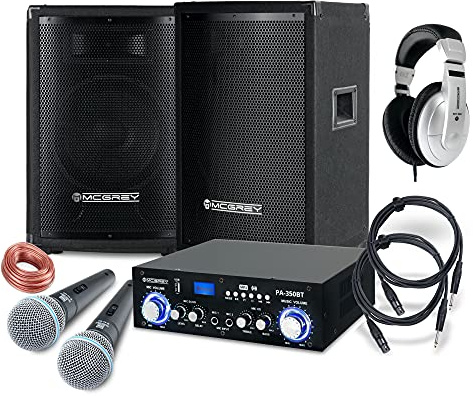 McGrey DJ Karaoke Komplettset PA Anlage Party-1500 (Lautsprecher, 2 x 400 Watt, Bluetooth-Endstufe, Verstärker, Lautsprecherkabel, Kopfhörer, Mikrofon, Klemme, Reduziergewinde, Tasche, Mikrofonkabel)
