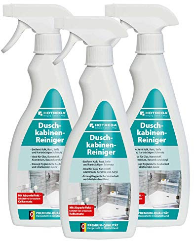 HOTREGA Duschkabinenreiniger 3x 500 ml | Kalkentferner mit Abperleffekt | Gegen Kalk- & Seifenreste | Badreiniger für Glas, Acryl & Fliesen | Glanz für Armaturen, Duschwände & Wannen