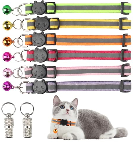 6 Reflektierend Katze Halsbaand, Verstellbar Katzen Halsbände mit Glöckchen | Kitten Halsbands, Katzenhalsband Selbstöffnend, Sicherheitshalsband Katzemit Namen Adresse, Halsband Kat für Außen Innen