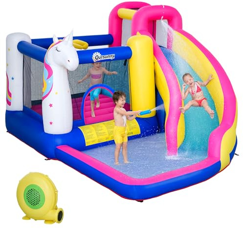 Outsunny Hüpfburg mit Gebläse 5 in 1 aufblasbare Wasserpark im Einhorn-Design mit Wasserrutsche Planschbecken Trampolin Basketballkorb Hüpfburgen für 3–8 Jahre Kinder für Indoor Outdoor 360x305x210 cm